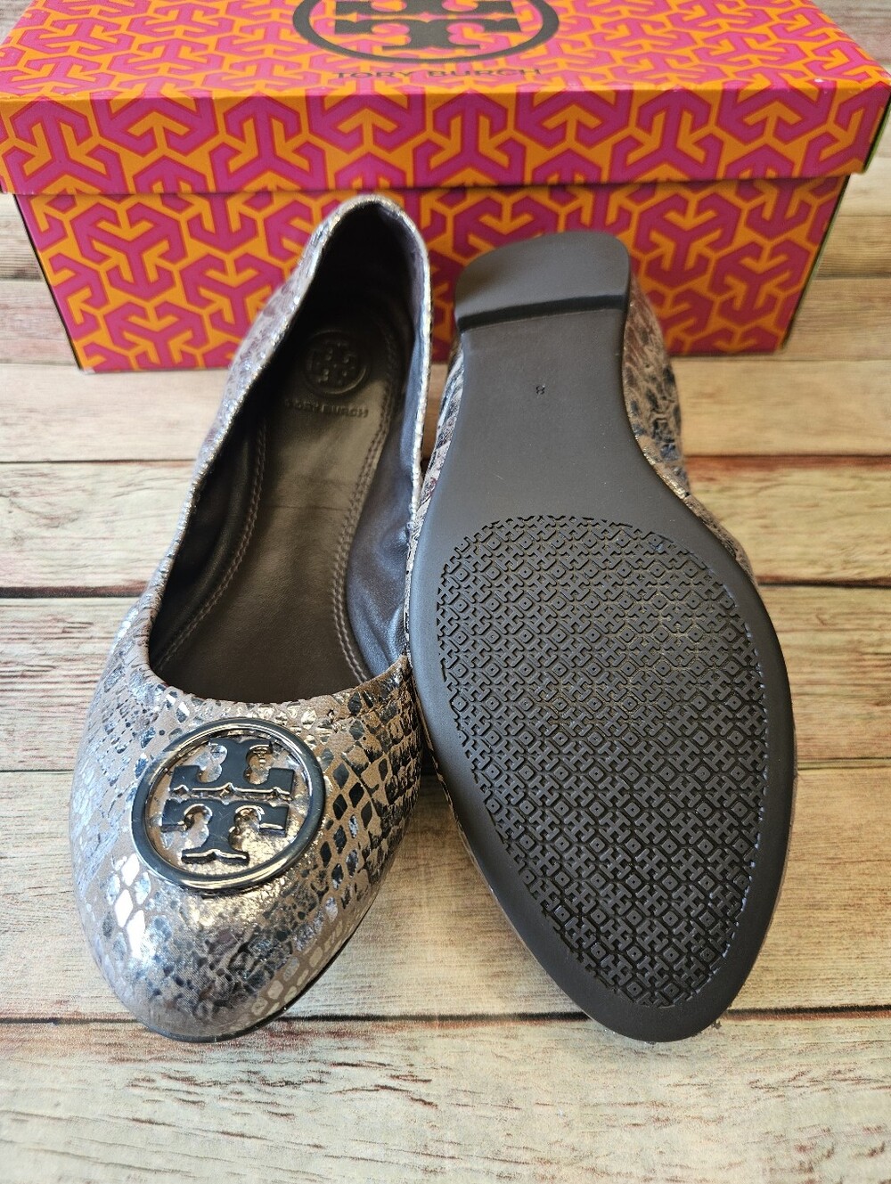 Tory Burch Heidi Metallic Snake-Embossed Leather Ballet Flats - Picture 2 of 9